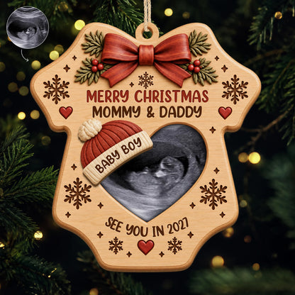 Merry Christmas Mommy & Daddy - Personalized Ultrasound Wooden Ornament for Expecting Parents