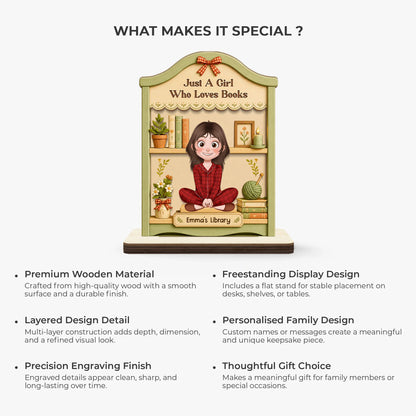 Personalized book lover plaque with cartoon girl reading on a custom bookshelf - custom library gift image 6