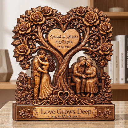 Love Grows Deep Custom Heart Tree Wooden Block - Personalized Anniversary Gift for Couple