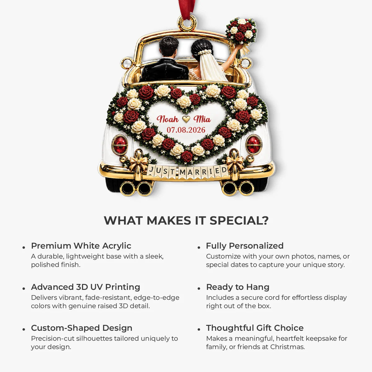 Just Married Car Personalized Acrylic Ornament - Custom Wedding Keepsake Gift for Couples