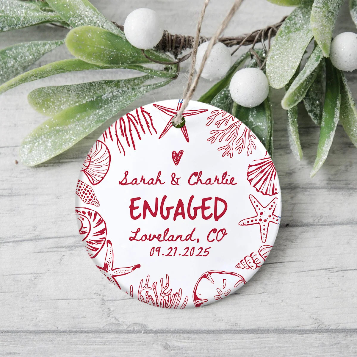 Personalized Engaged Coastal Ceramic Ornament - Custom Beach Wedding Keepsake Gift for Couples