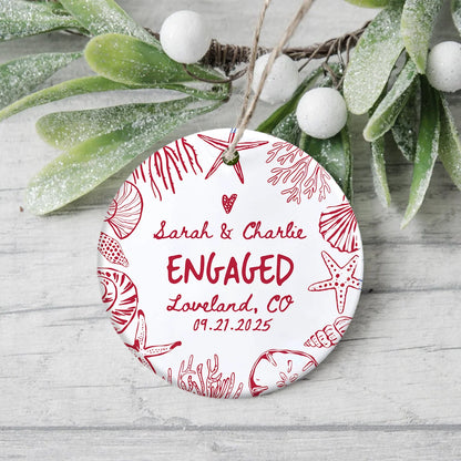 Personalized Engaged Coastal Ceramic Ornament - Custom Beach Wedding Keepsake Gift for Couples