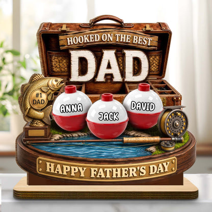 Personalized fishing dad wood plaque desk decor featuring custom kid name bobbers and tackle box design for Father's Day