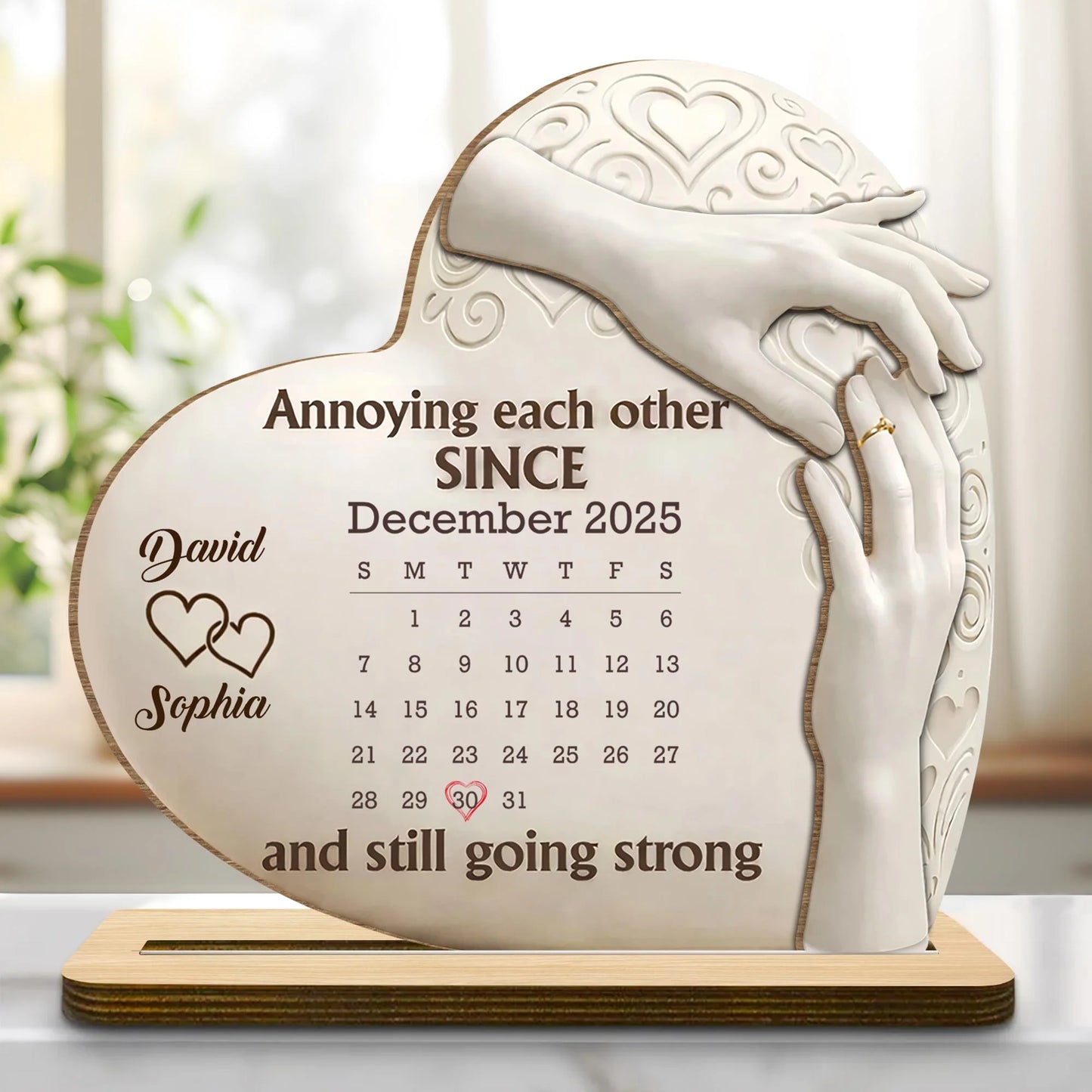 Custom Anniversary Calendar Wooden Plaque for Couples with personalized design details for meaningful gifting