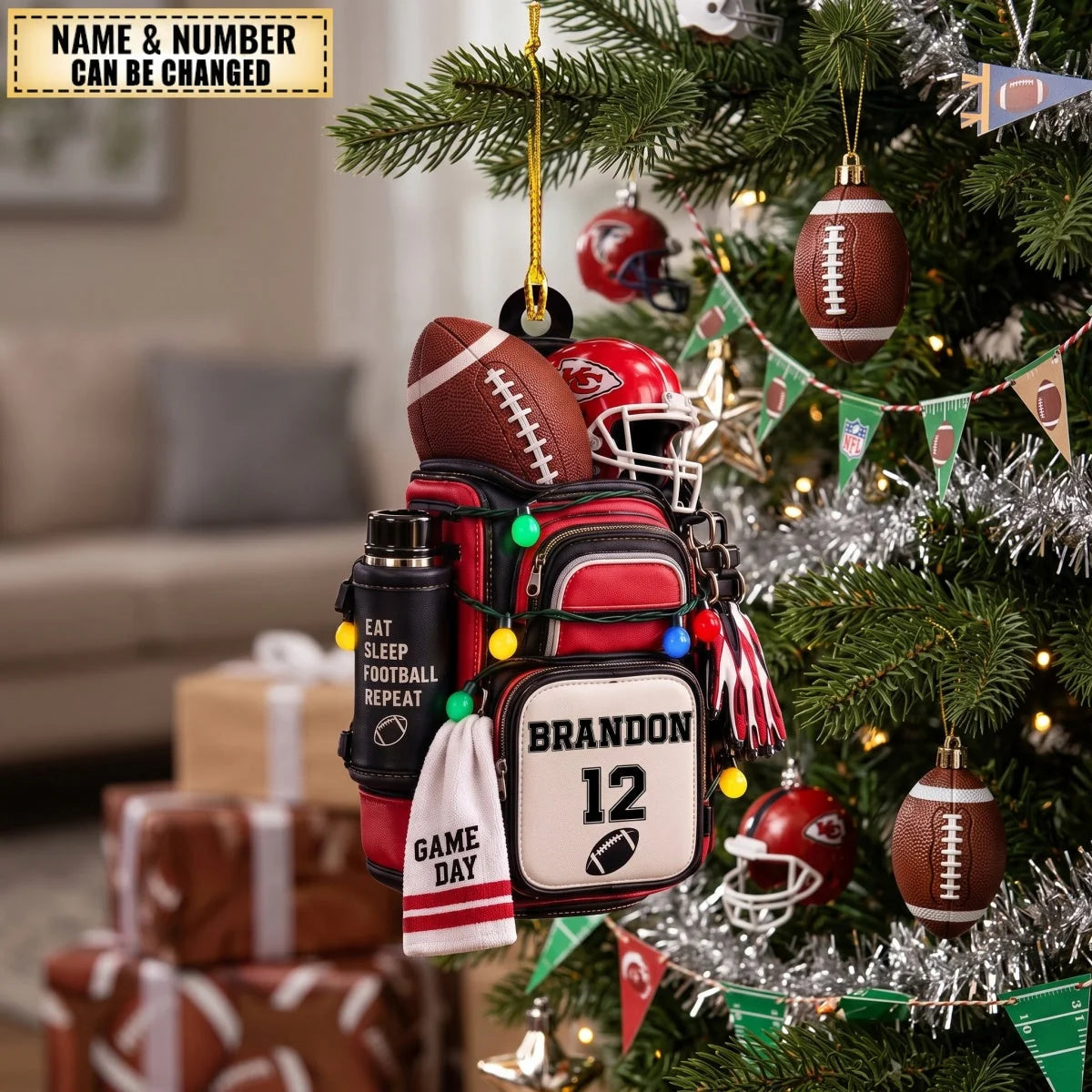 Personalized Football Bag Wooden Ornament - Custom Player Name & Number Christmas Keepsake Gift