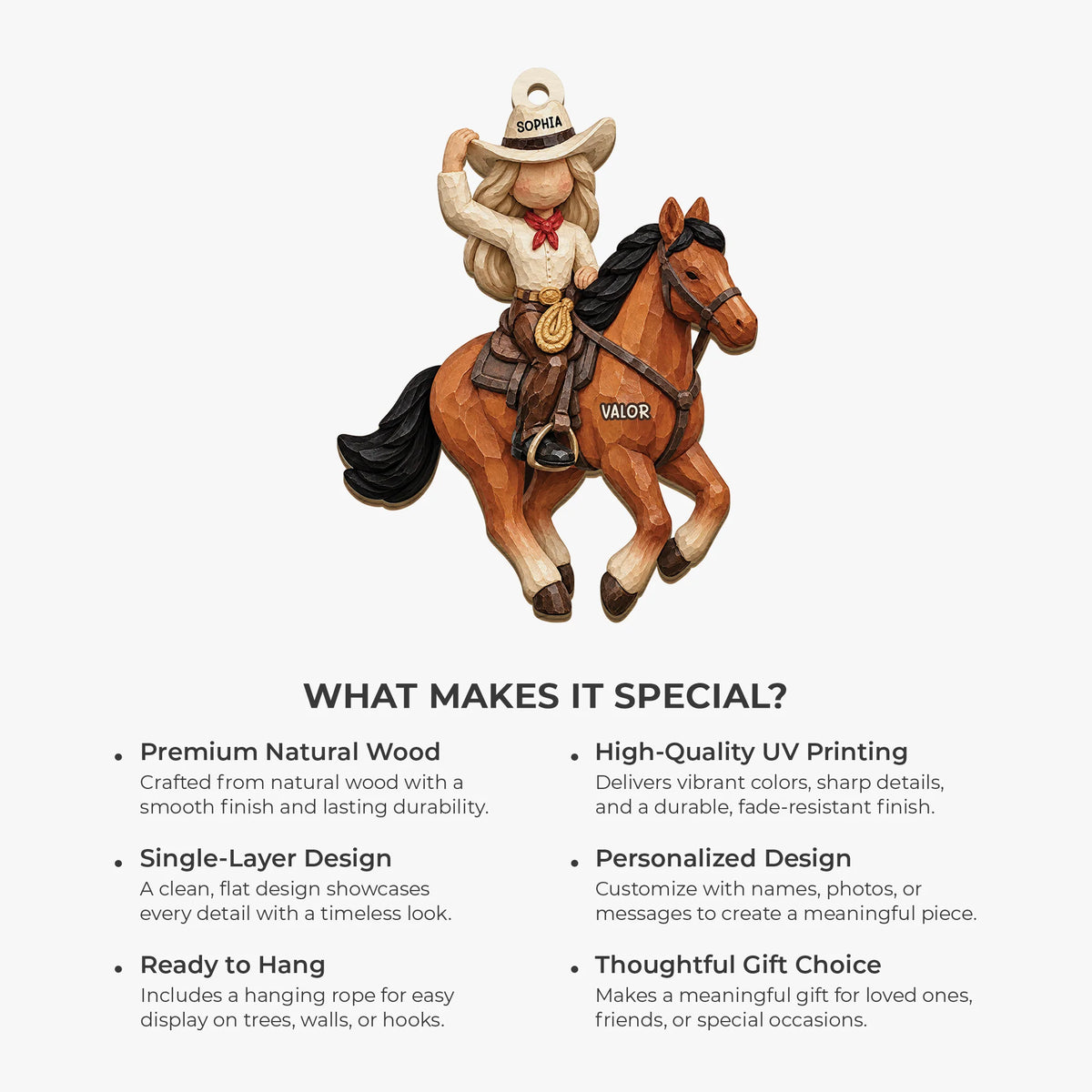 Personalized Cowboy & Cowgirl Horse Wooden Ornament for Kids and Horse Lovers - Custom Christmas Keepsake Gift