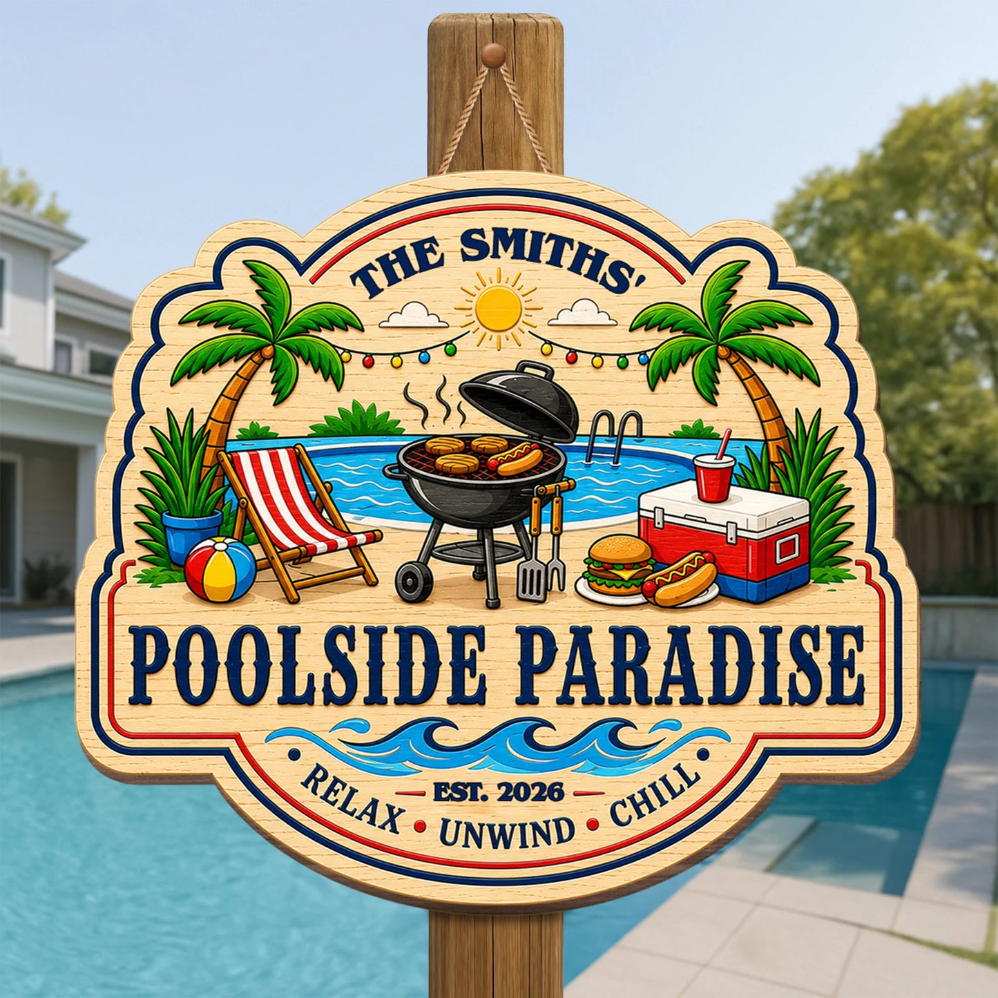Personalized Poolside Paradise Custom Shaped Wood Sign personalization view for Dad