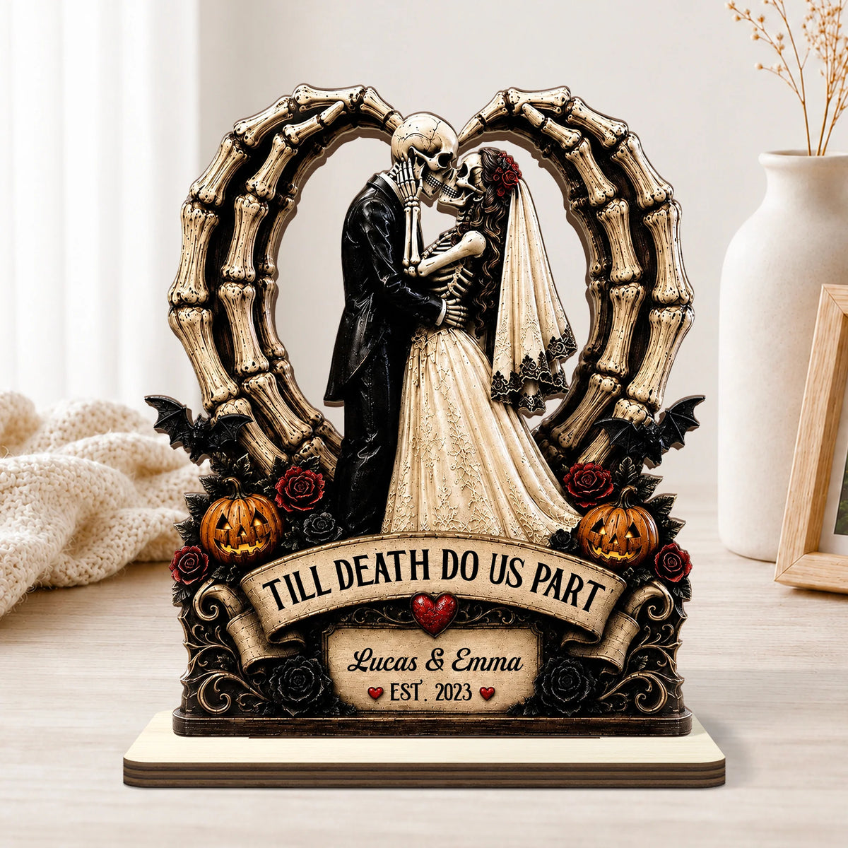 Till Death Do Us Part Skeleton Couple Personalized Wooden Plaque - Custom Halloween Wedding Gift for Couples