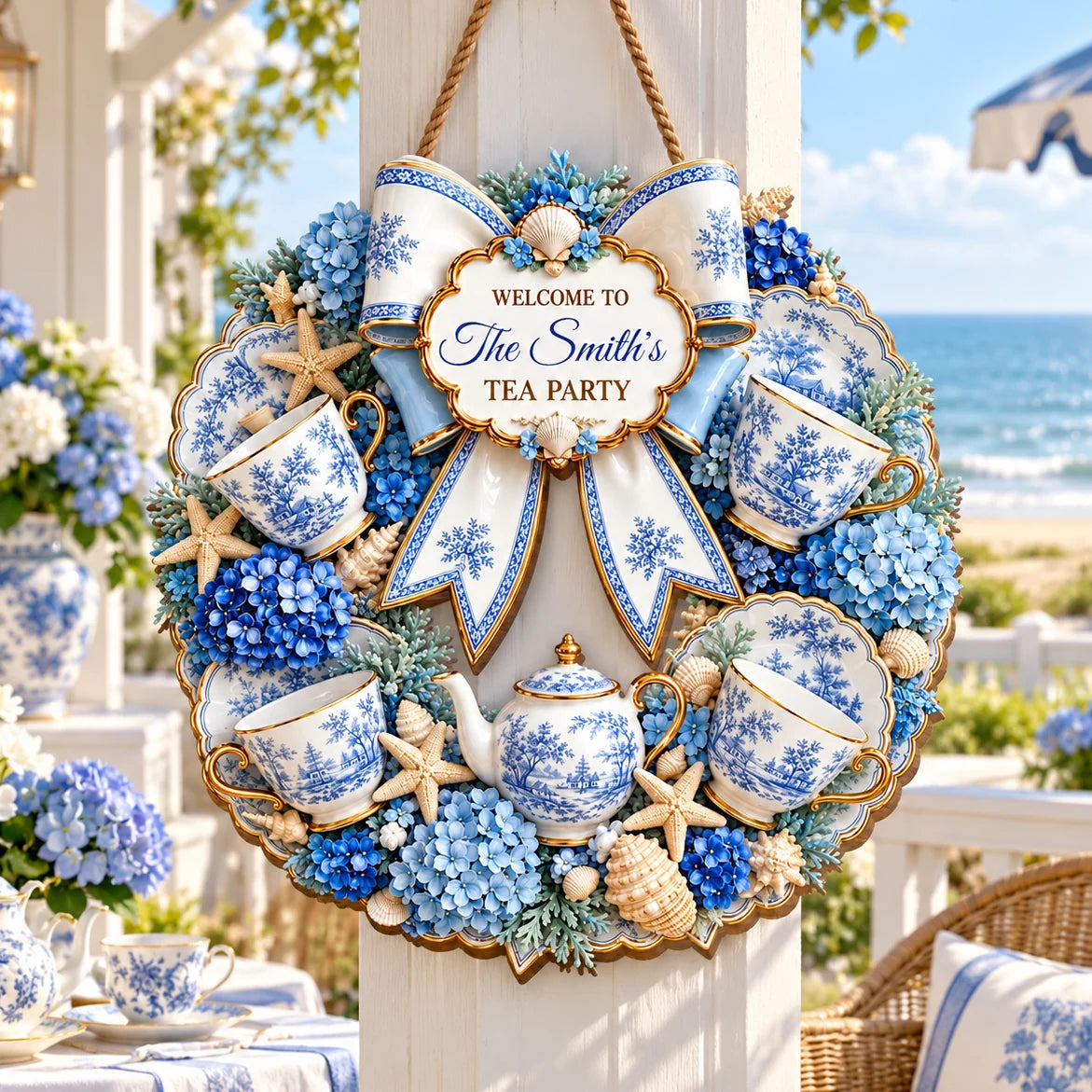 Welcome To Our Tea Party Personalized Wood Sign - Coastal Teacup Decor for Family