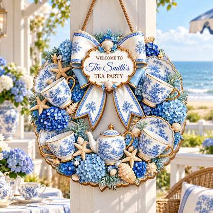Welcome To Our Tea Party Personalized Wood Sign - Coastal Teacup Decor for Family