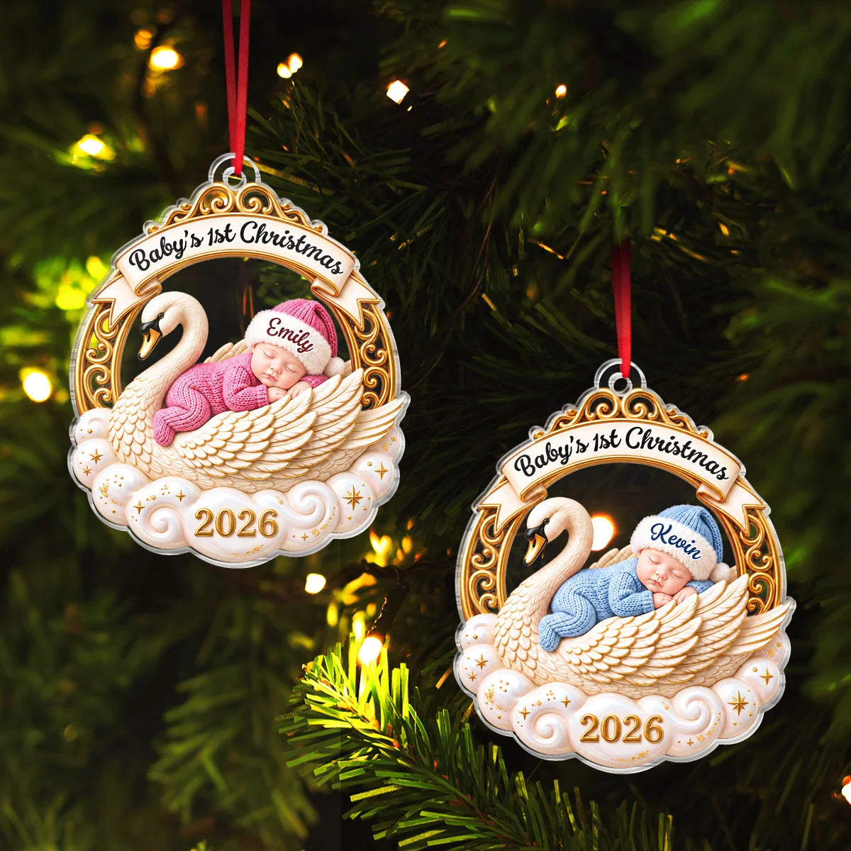 Baby's 1st Christmas Sleeping Swan Custom Acrylic Ornament - Personalized First Christmas Keepsake Gift for New Parents
