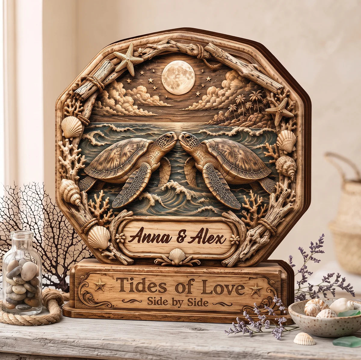 Tides Of Love Side By Side - Personalized Sea Turtle Wooden Block Gift for Couples