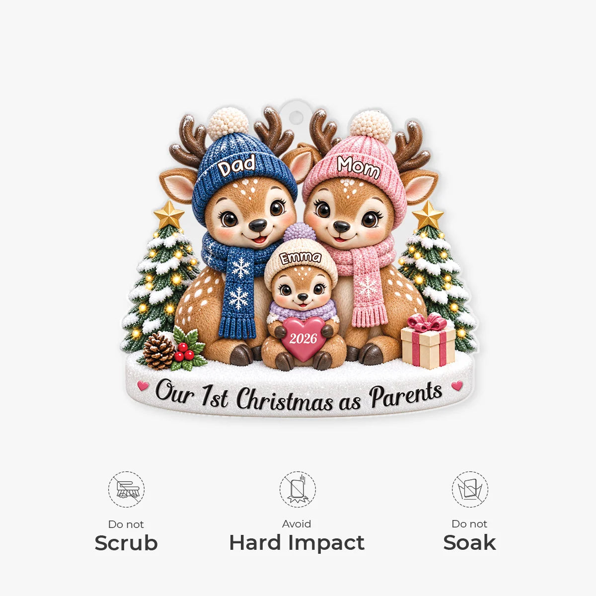 "Our First Christmas as Parents" Deer Family Acrylic Ornament - Custom Gift for New Mom & Dad
