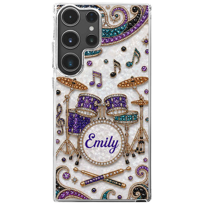 Custom name drum set clear phone case with jewel-embellished music notes for drummers and musicians image 6