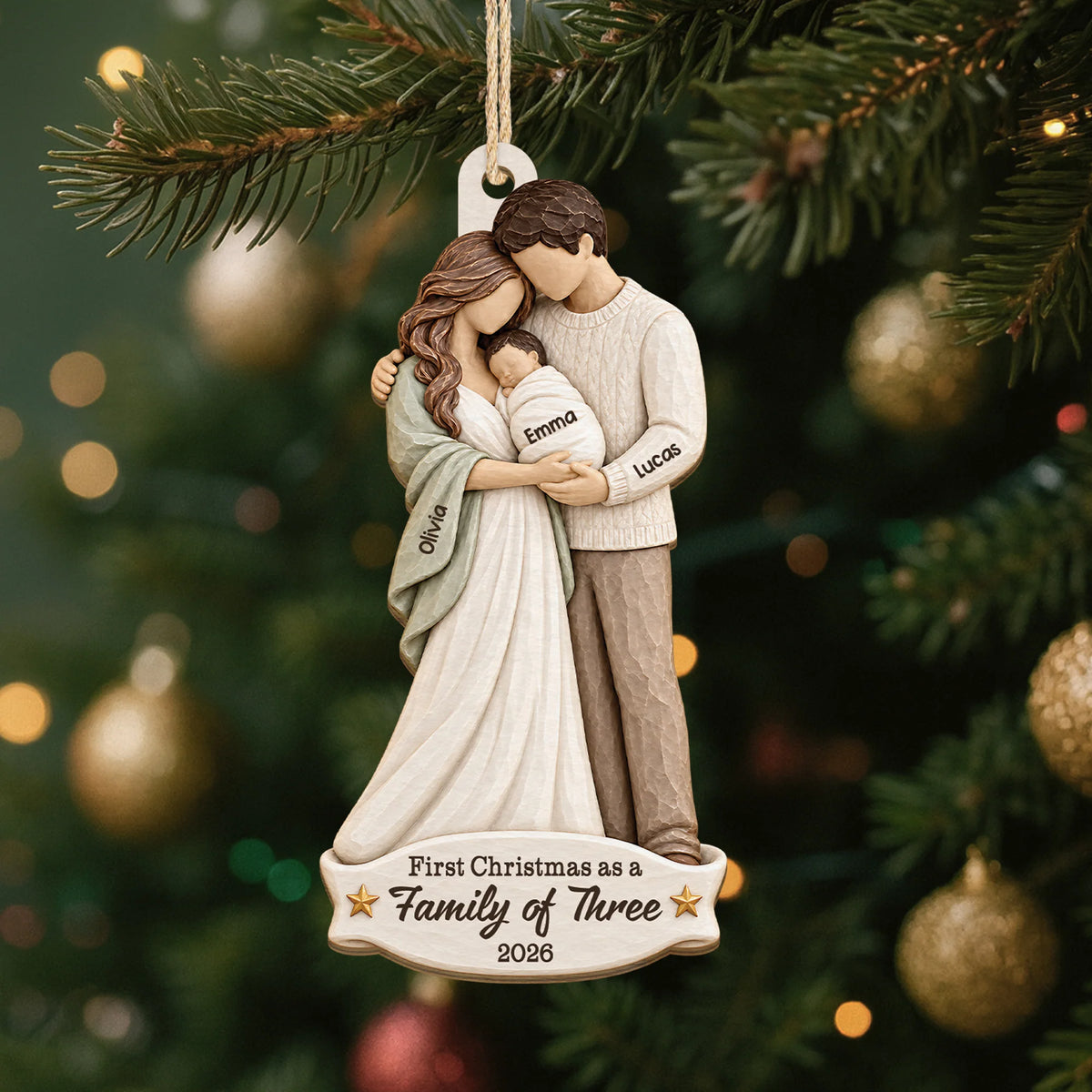 First Christmas as a Family of Three - Personalized Wooden Ornament for New Parents Gift