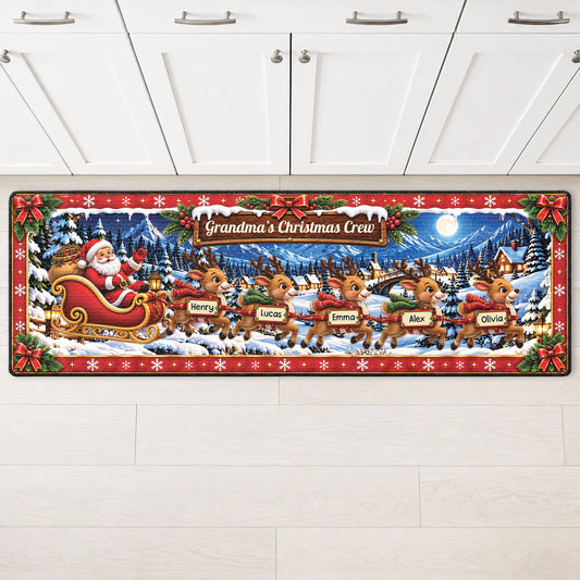 Grandma's Christmas Crew Reindeer Personalized Runner Rug - Custom Holiday Kitchen Mat for Family