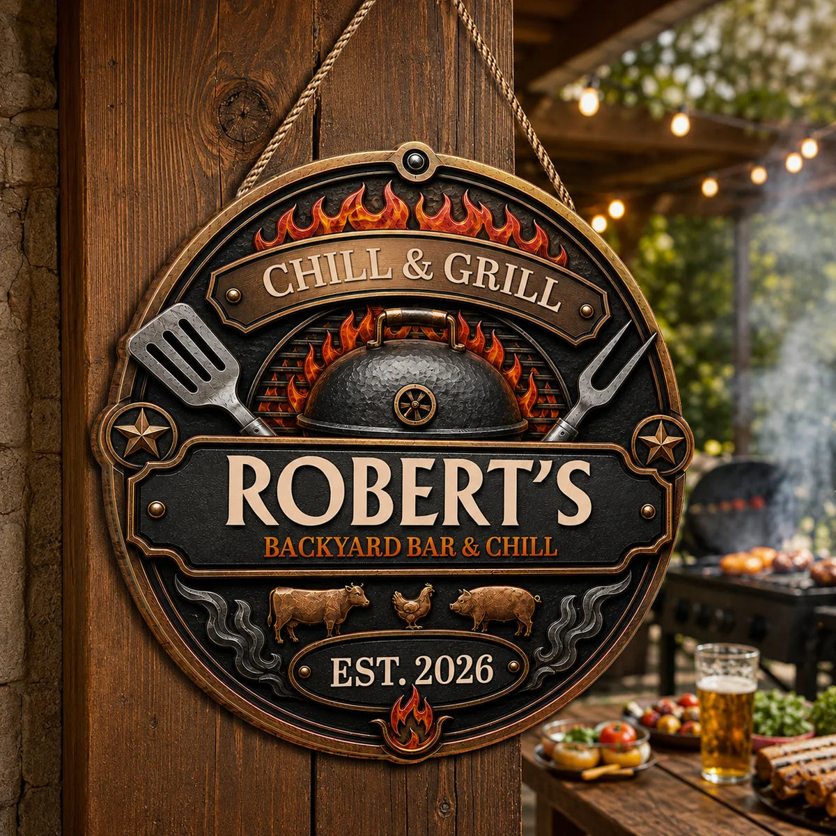 Chill and Grill Personalized Wood Sign - Custom BBQ Door Decor for Dad & Husband