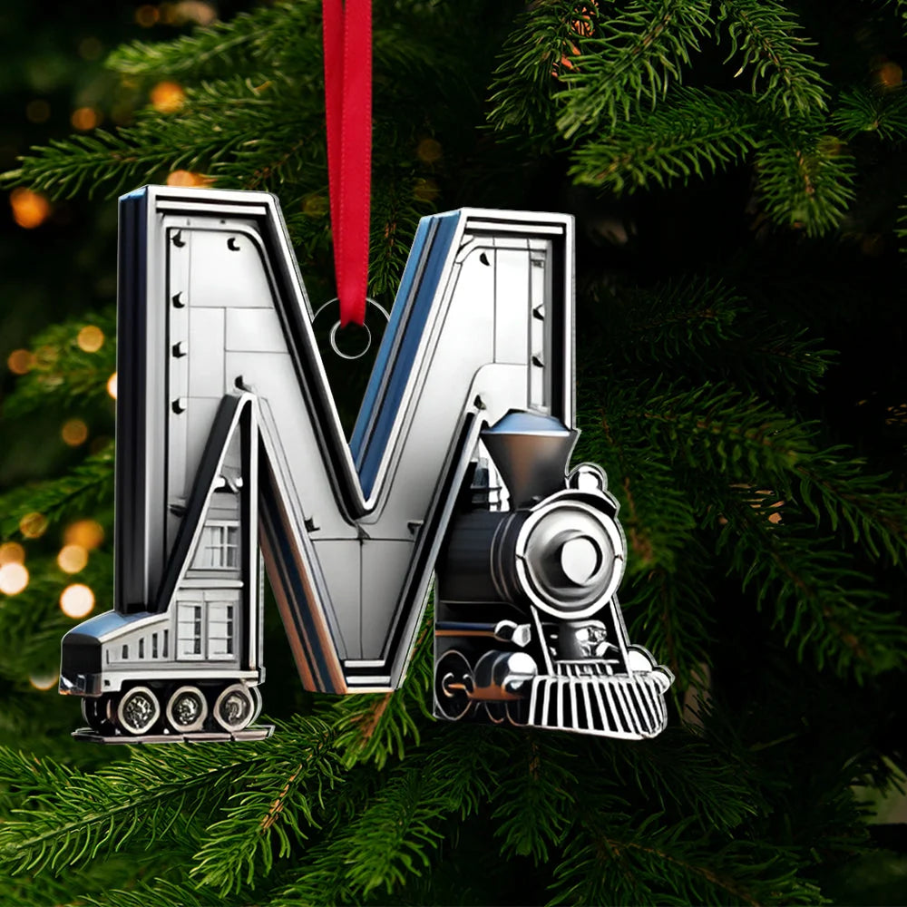 Vintage Steam Train Initial Personalized Acrylic Ornament - Custom Christmas Tree Decor