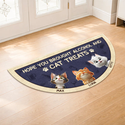 "Hope You Brought Alcohol And Cat Treats" Personalized Doormat - Custom Housewarming for Cat Lovers