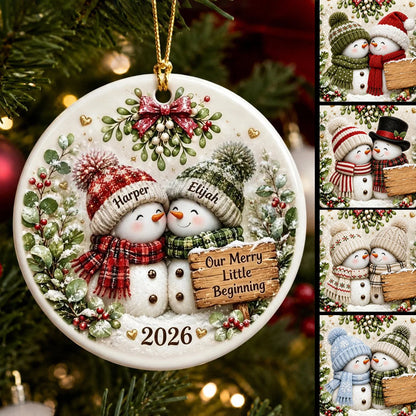 "Our Merry Little Beginning" Personalized Snowman Couple Ornament - Custom First Christmas Keepsake Gift for Couples