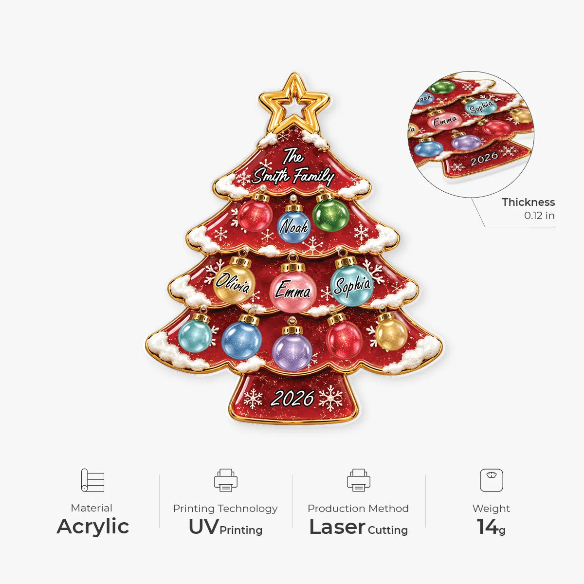 Personalized Christmas Tree Acrylic Ornament - Custom Family Names and Year Keepsake