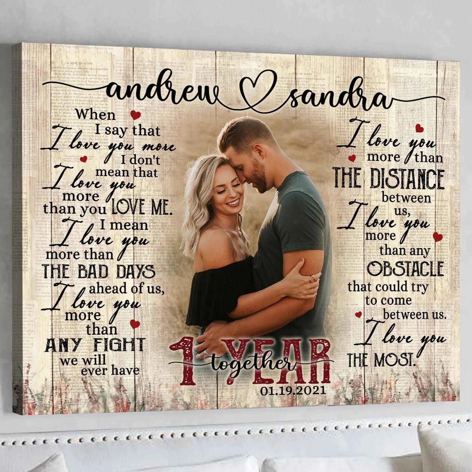 Personalized 1st anniversary canvas print with romantic quote and custom photo for couples