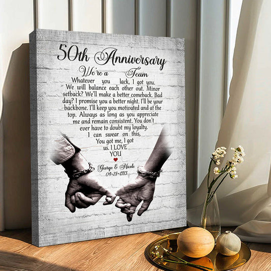 Personalized 50th wedding anniversary gifts canvas wall art with custom names and holding hands imagery