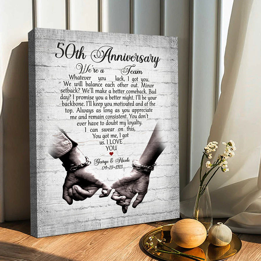 Personalized 50th wedding anniversary gifts canvas wall art with custom names and holding hands imagery
