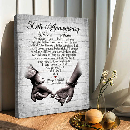 Personalized 50th wedding anniversary gifts canvas wall art with custom names and holding hands imagery