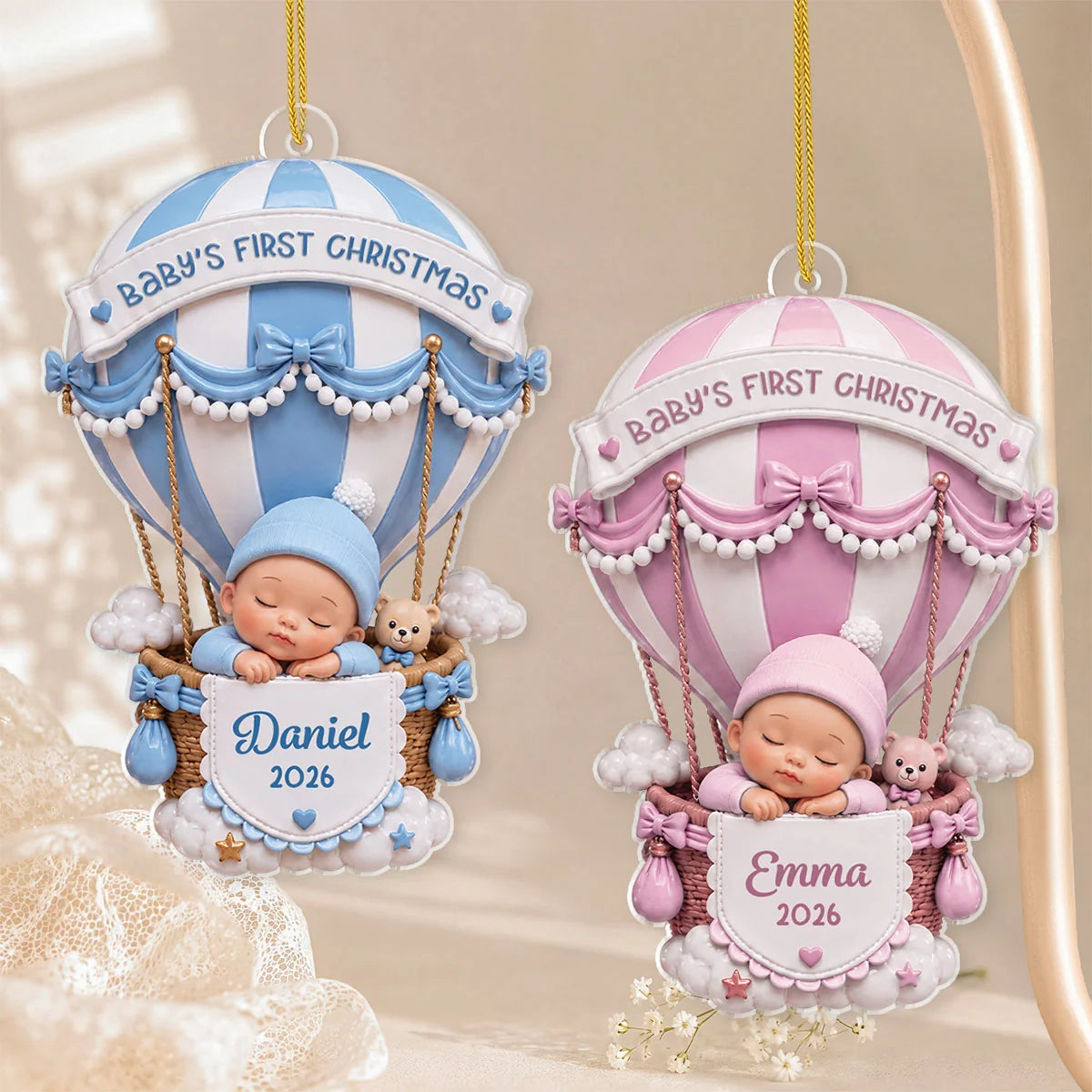 Baby's First Christmas Hot Air Balloon Personalized Acrylic Ornament - Custom Keepsake Gift for New Mom and Baby