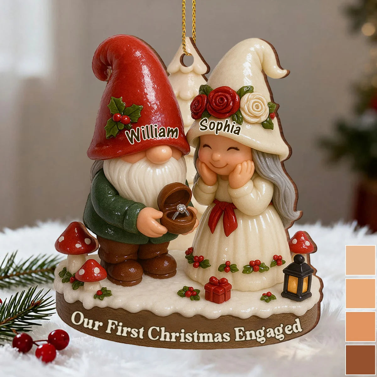 "Our First Christmas Engaged" Custom Wooden Ornament - Personalized Gnome Couple Keepsake