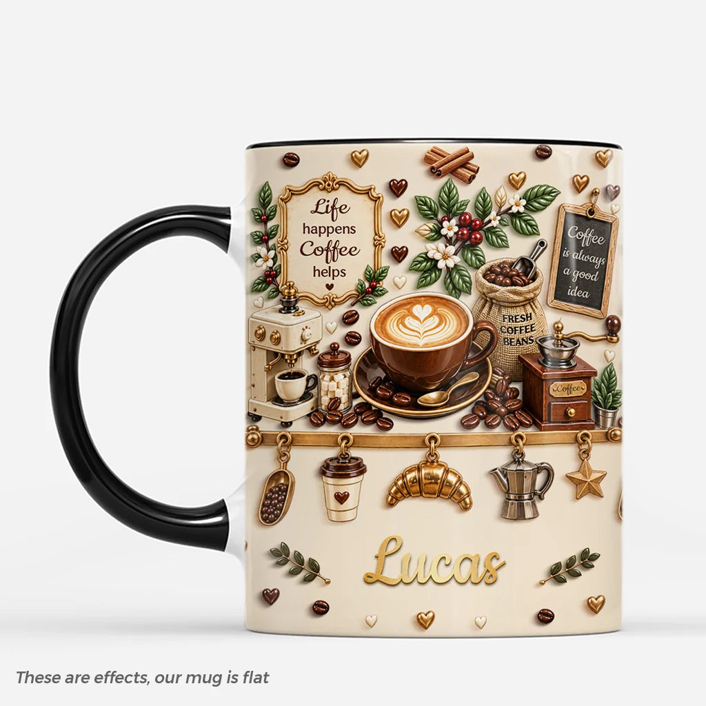 Personalized Life Happens Coffee Helps Mug - Custom Ceramic Coffee Cup Keepsake Gift for Coworker & Best Friend