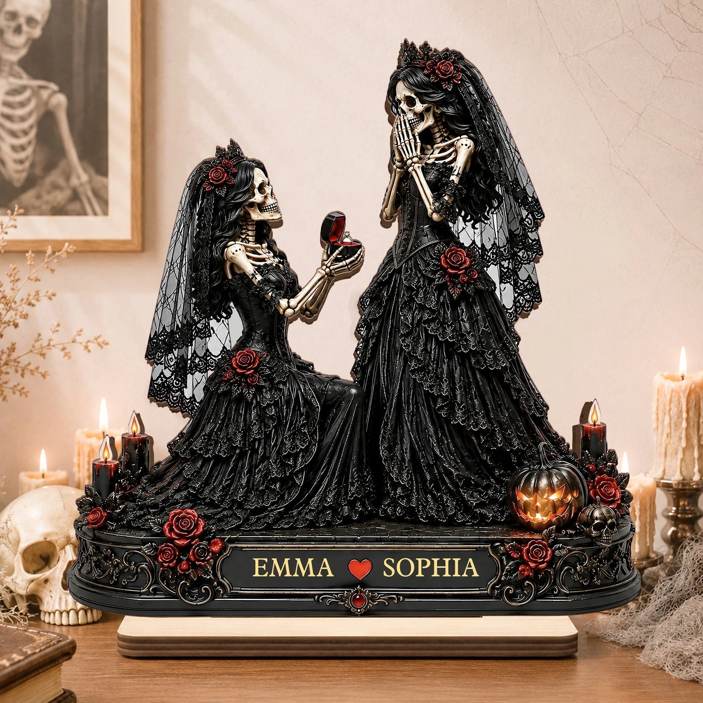 Personalized Skeleton Proposal Couple Wooden Plaque - Custom Gothic Halloween Gift