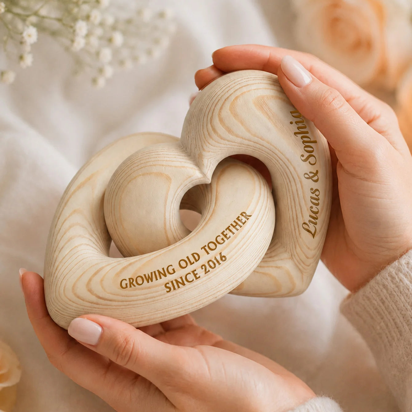 Growing Old Together Personalized Wooden Heart Sculpture - Custom Anniversary Gift for Couples