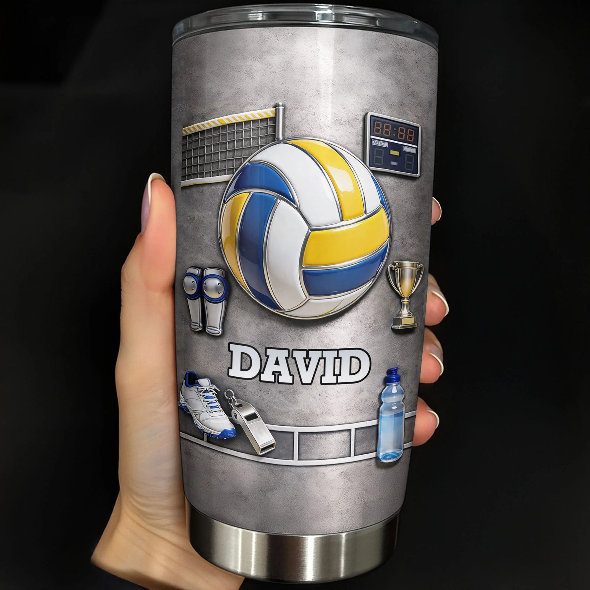 Personalized volleyball tumbler with custom name and sports equipment graphic print - personalized gift for players