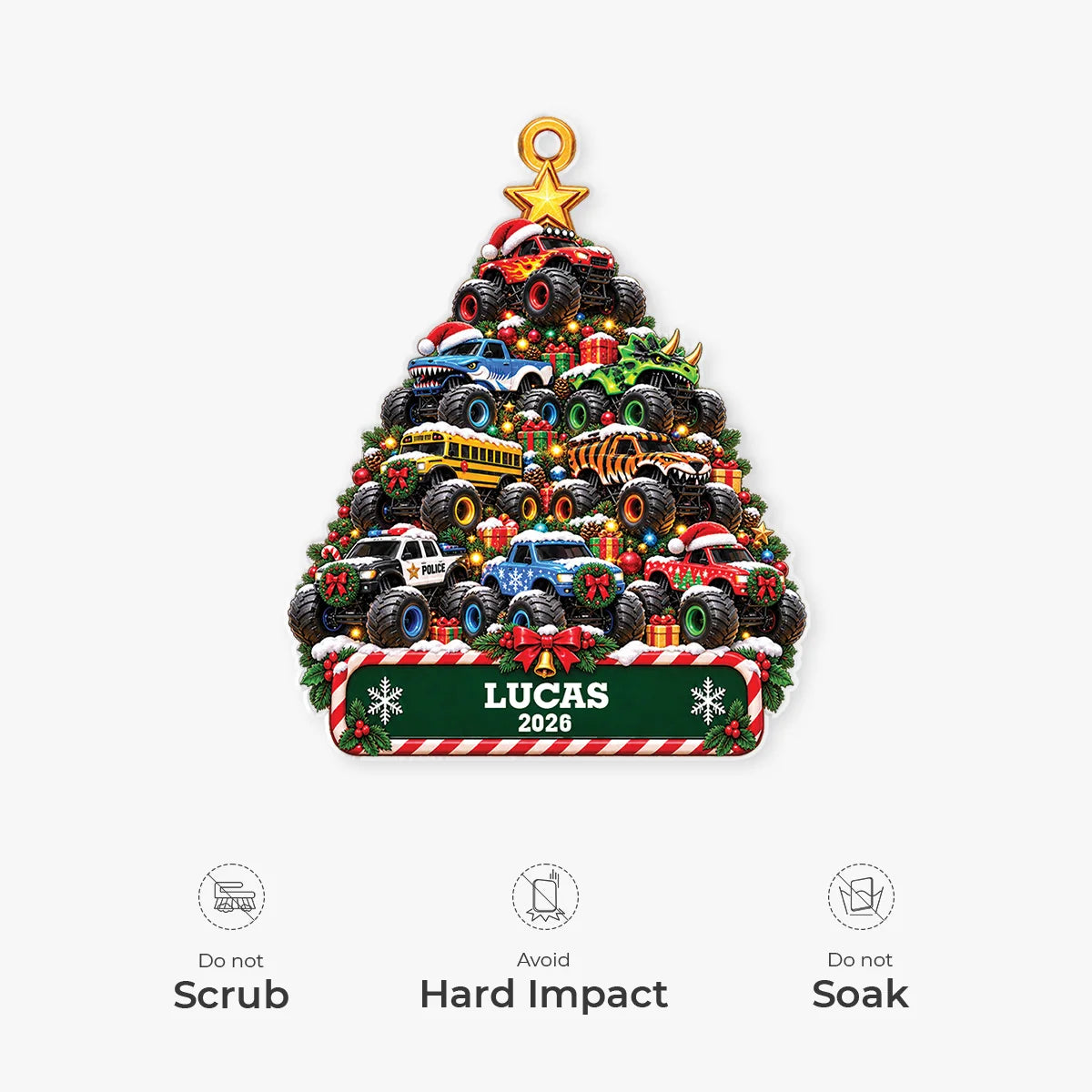 Monster Truck Christmas Tree Personalized Acrylic Ornament - Custom Name Holiday Gift for Kids