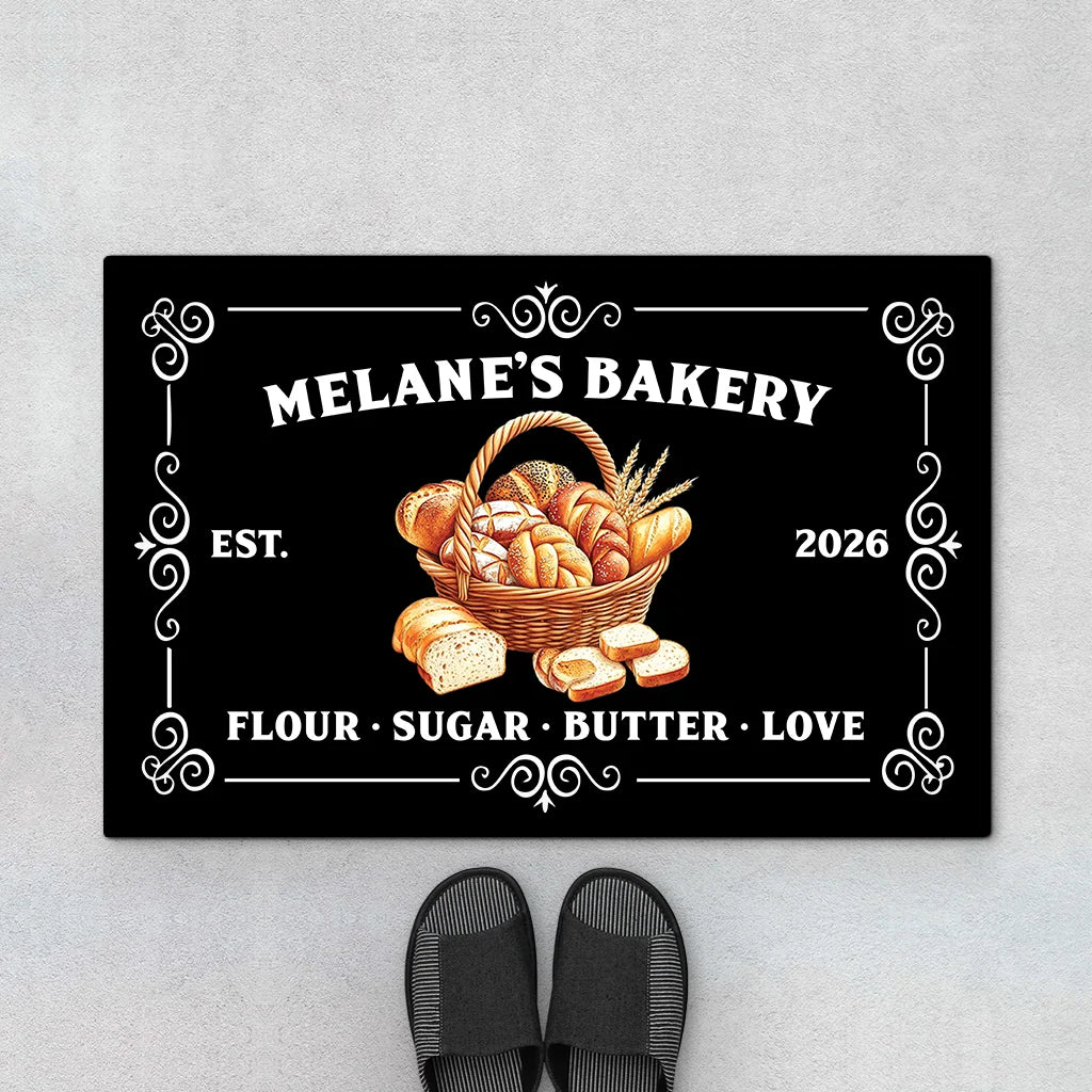 Personalized Bakery Doormat - Custom Flour Sugar Butter Love Welcome Mat for Home Bakers and Kitchen Decor