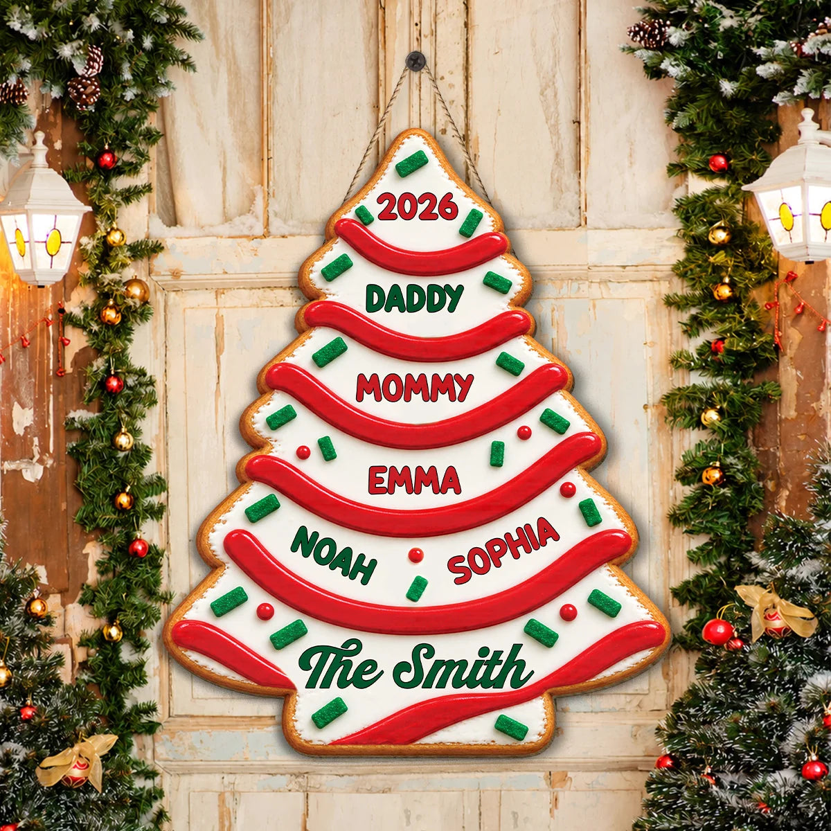 Personalized Christmas Tree Cake Wood Sign - Custom Family Name Holiday Wall Decor