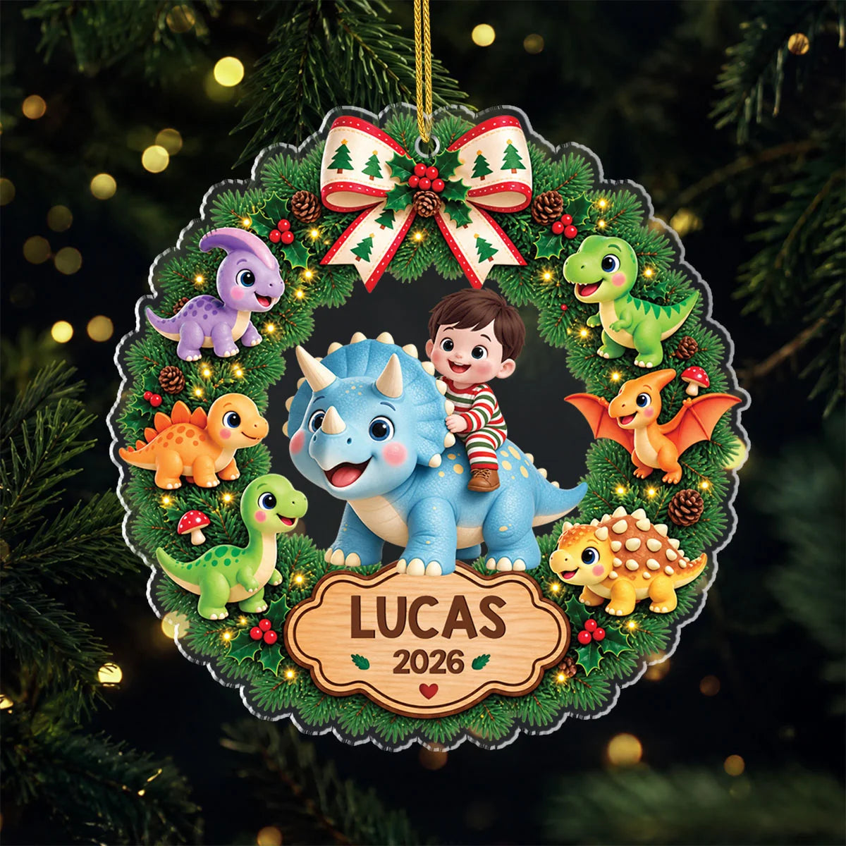 Personalized Dinosaur Christmas Wreath Acrylic Ornament - Custom Name Keepsake Gift for Kids