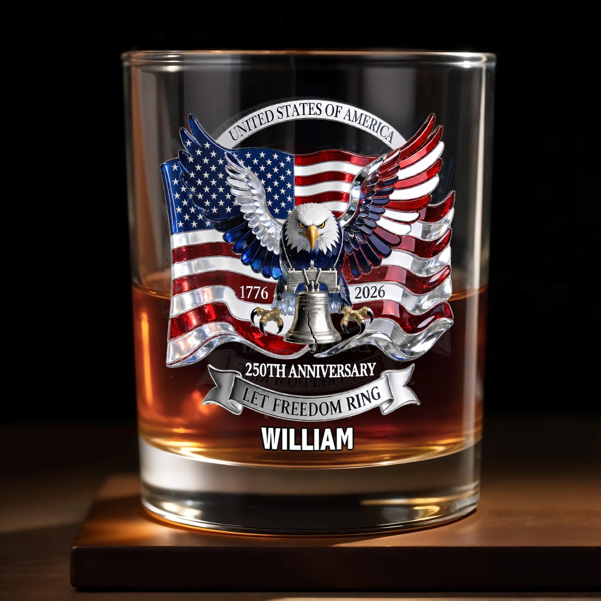 Custom USA 250th Anniversary Patriotic Whiskey Glass with eagle and American flag print for dad