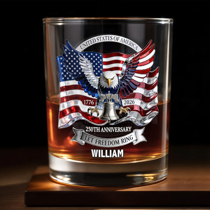 Custom USA 250th Anniversary Patriotic Whiskey Glass with eagle and American flag print for dad