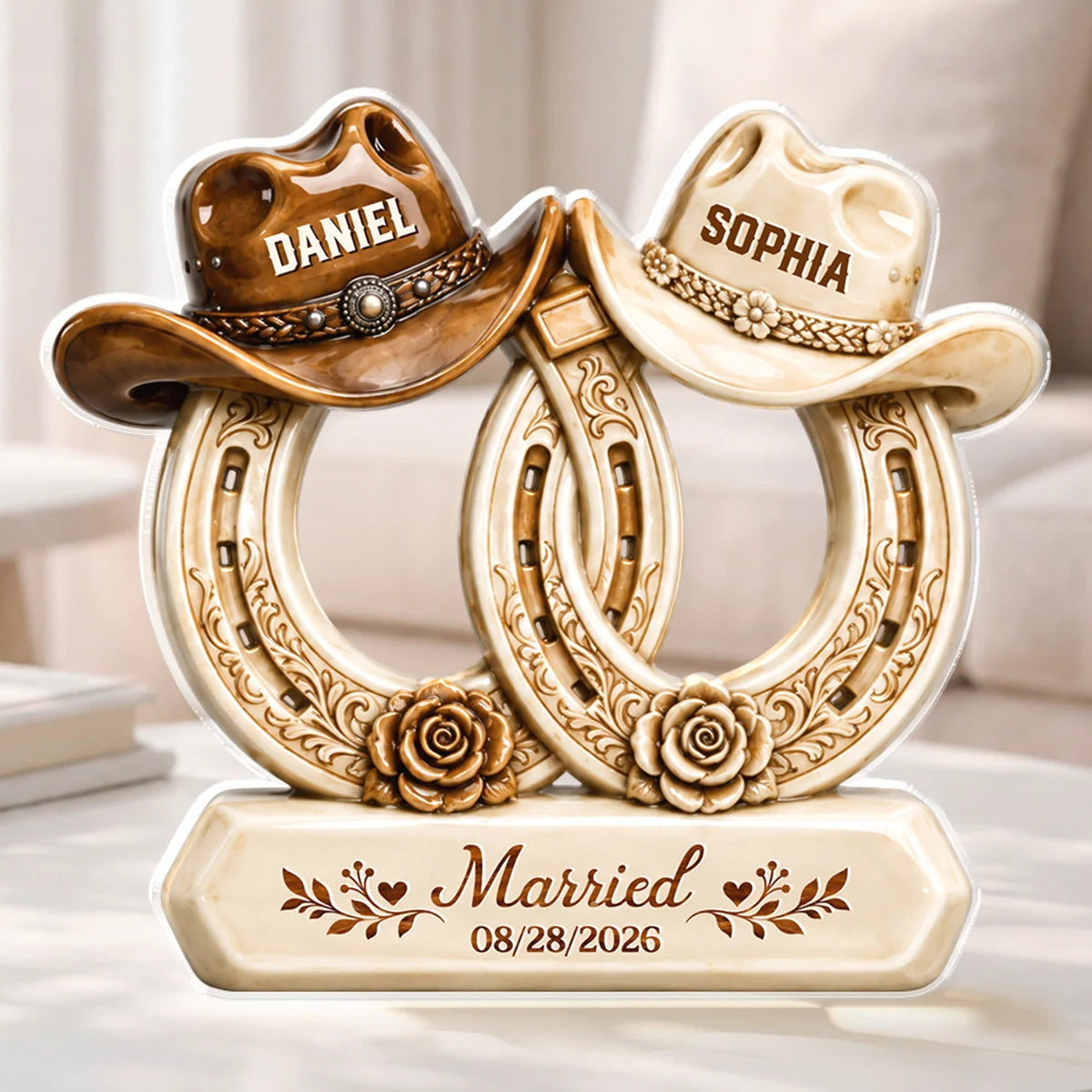 Custom Horseshoe Acrylic Plaque - Personalized Western Couple Wedding & Engagement Keepsake