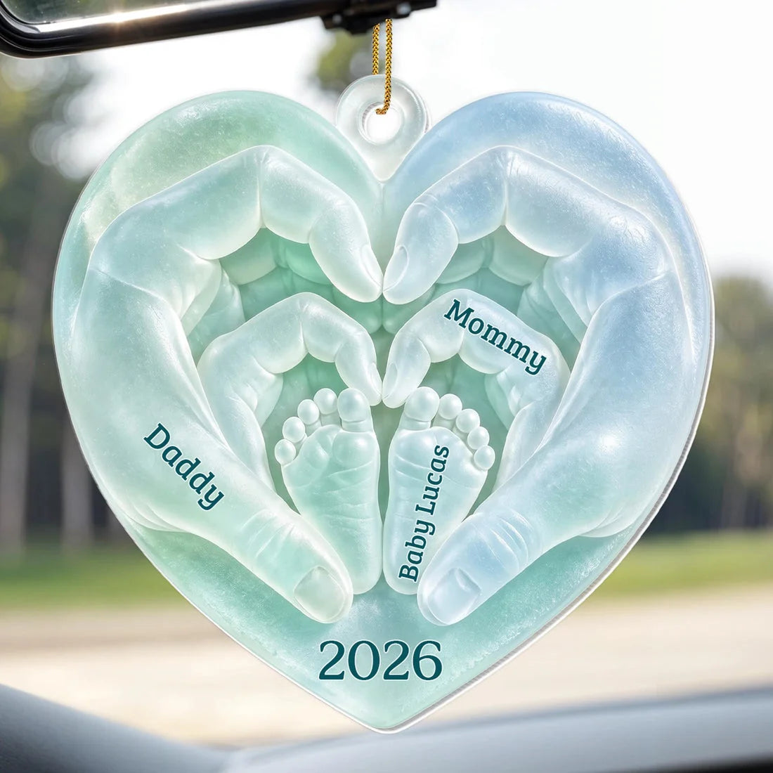 Daddy Mommy Baby Hands Heart - Personalized Acrylic Christmas Ornament for New Parents