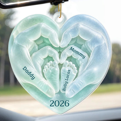 Daddy Mommy Baby Hands Heart - Personalized Acrylic Christmas Ornament for New Parents