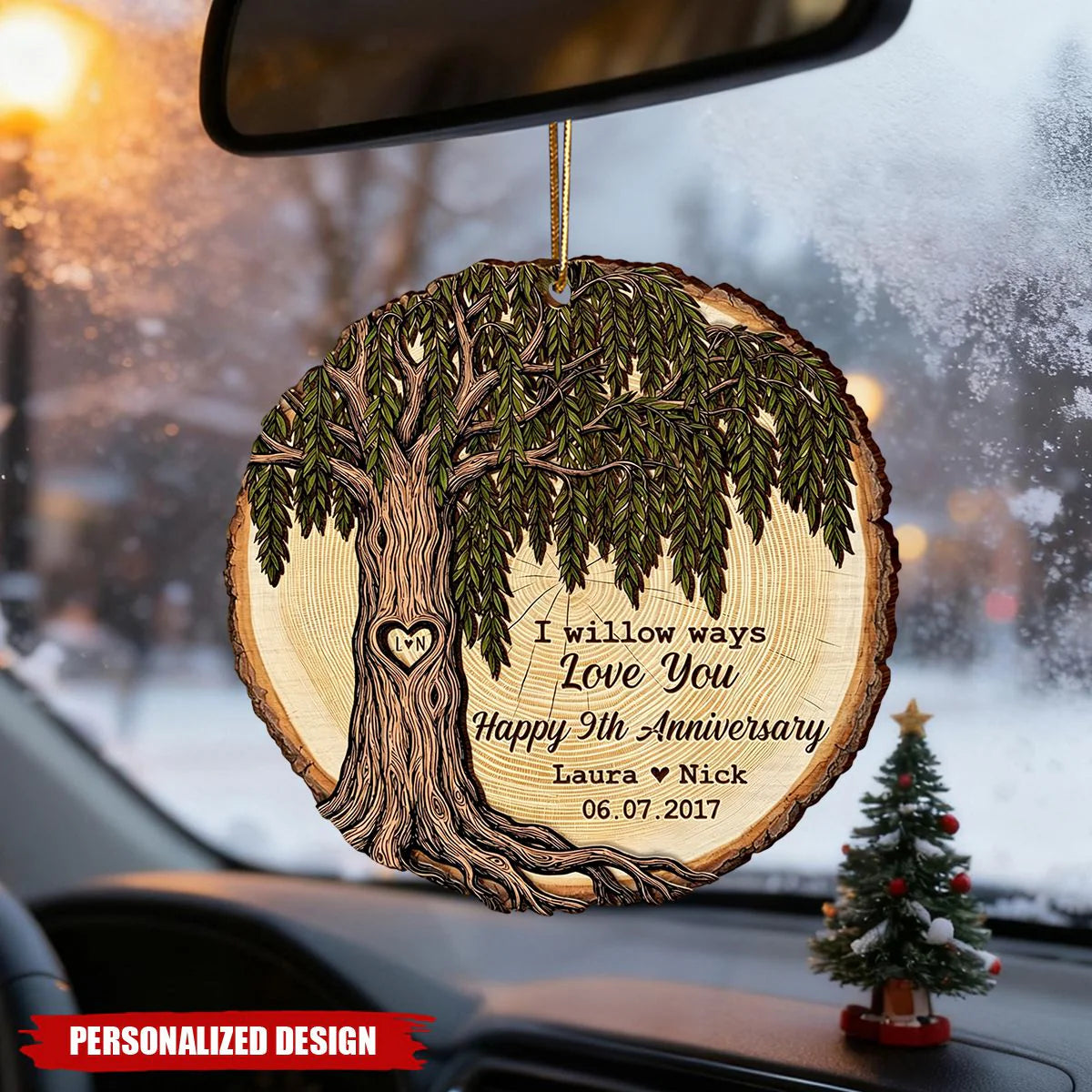 Custom Anniversary Wood Slice Ornament for Couples with personalized design details for meaningful gifting