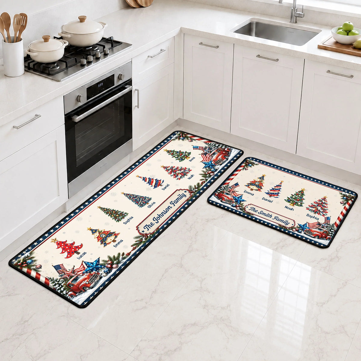 Personalized Patriotic Christmas Trees Runner Rug - Custom Family Name Kitchen Floor Mat