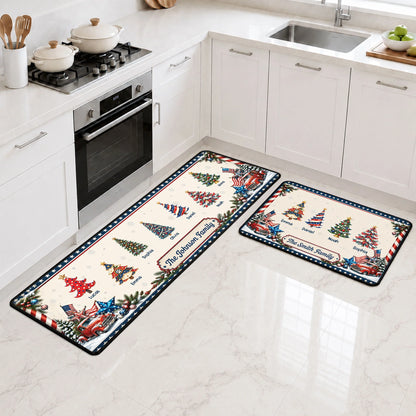 Personalized Patriotic Christmas Trees Runner Rug - Custom Family Name Kitchen Floor Mat