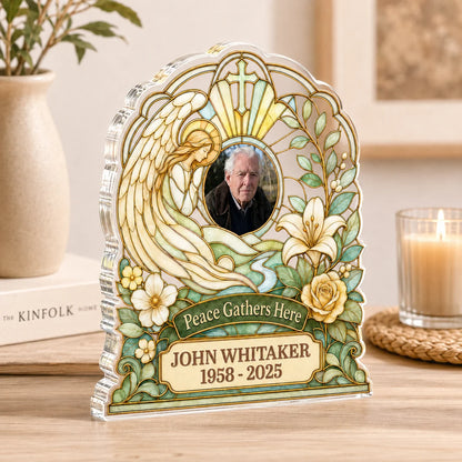 Peace Gathers Here Custom Memorial Plaque - Personalized Acrylic Angel Keepsake for Family