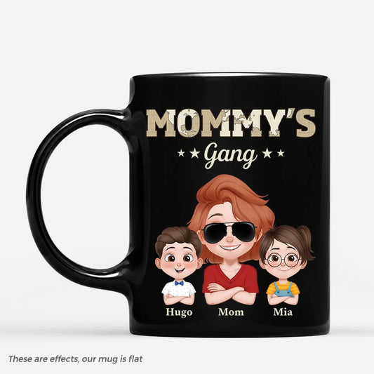 Mommy's Gang Cartoon Chibi Kids Custom Mommys Gang Black Coffee Mug - Personalized Gift for Mom and Dad