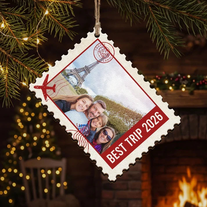 Vintage Postage Stamp Custom Photo Wood Ornament - Personalized Family Vacation Keepsake Gift for Christmas Tree